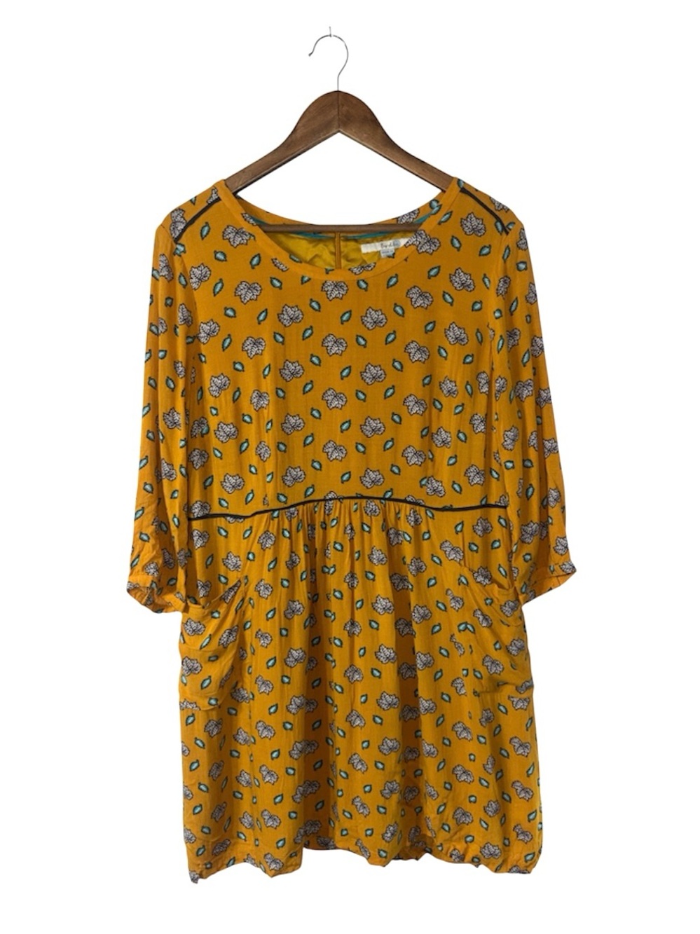 Boden Daphne Dress Mustard Yellow Blue Floral Leaves Long Sleeves Size 14R